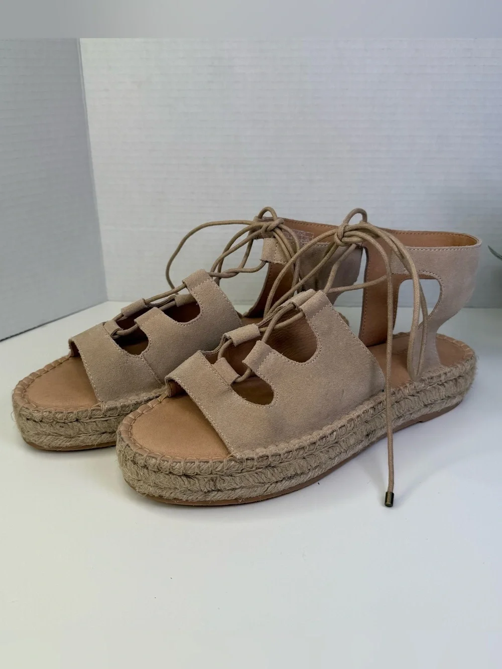 Soludos Sedona Ghillie Espadrille Nude Suede Boho Lace-Up Sandals Womens Size 9